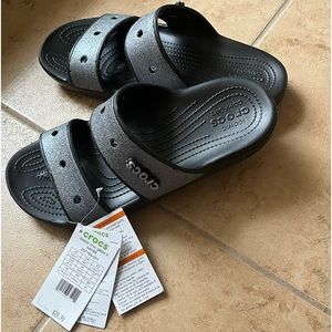 NWT Crocs Adults' Classic Black Glitter II, 2-Strap Sandals.